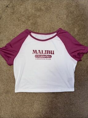 Malibu Raglan Crop Tee - White & Plum